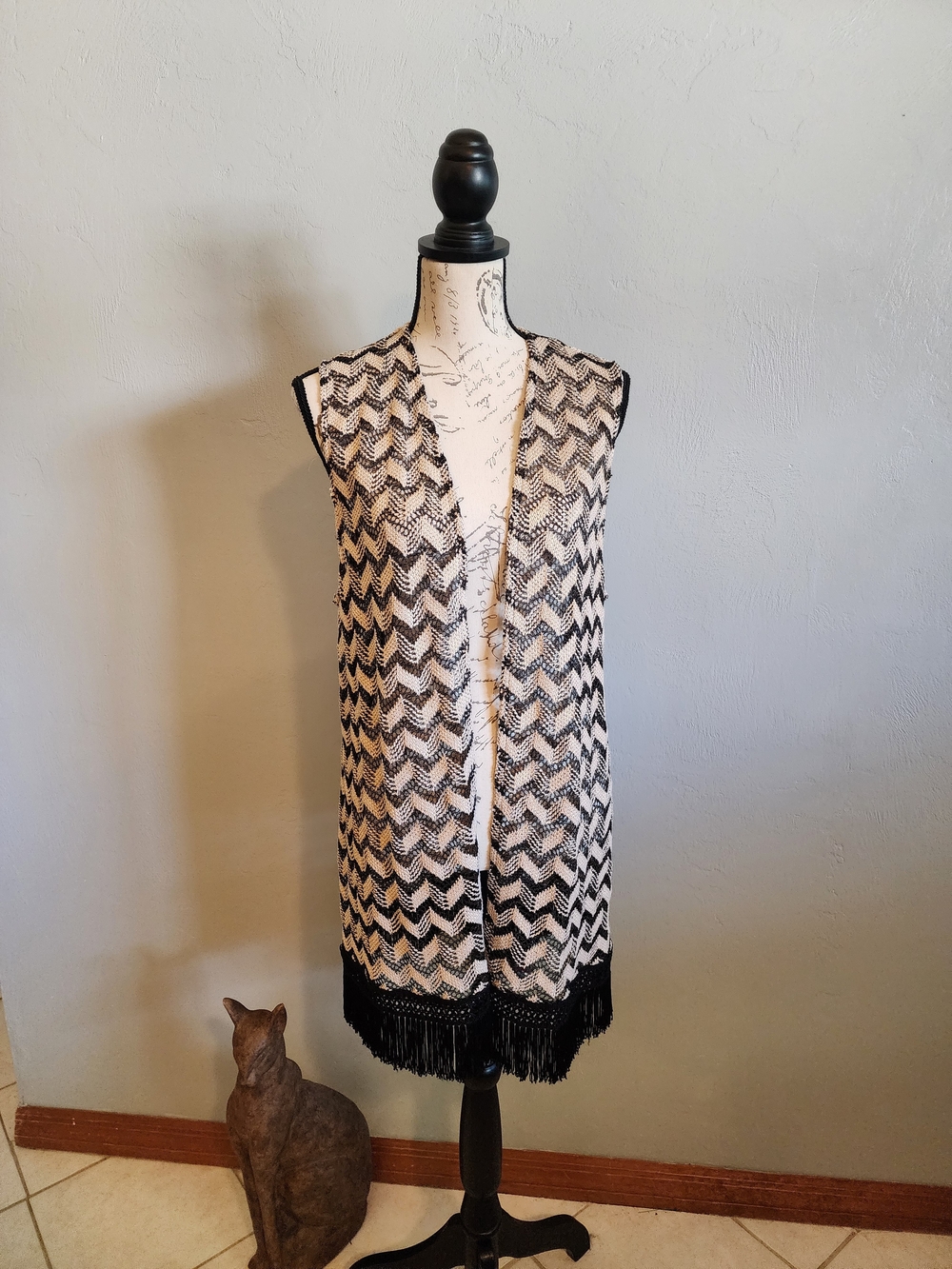 Chico's Black, Cream And Gold Open-Knit Cheveron Fringe Vest